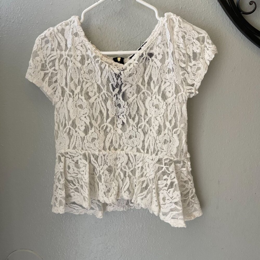 vintage sheer lace White Lace Peplum Short Sleeve floral‎ Top